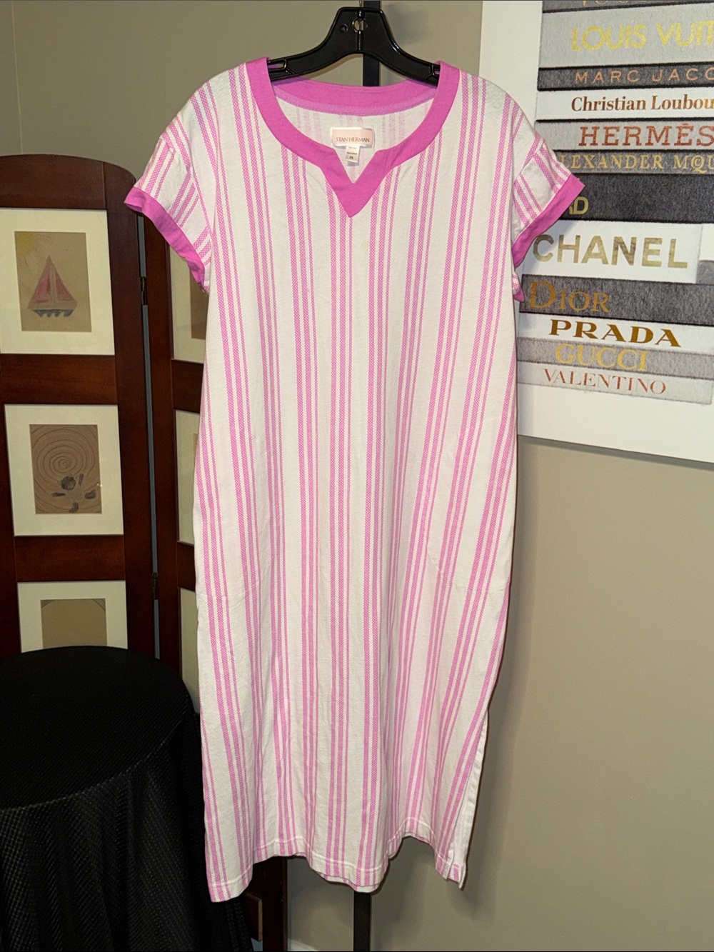 Women's Pink & White Striped Short Sleeve Nightgown - Classic Comfort